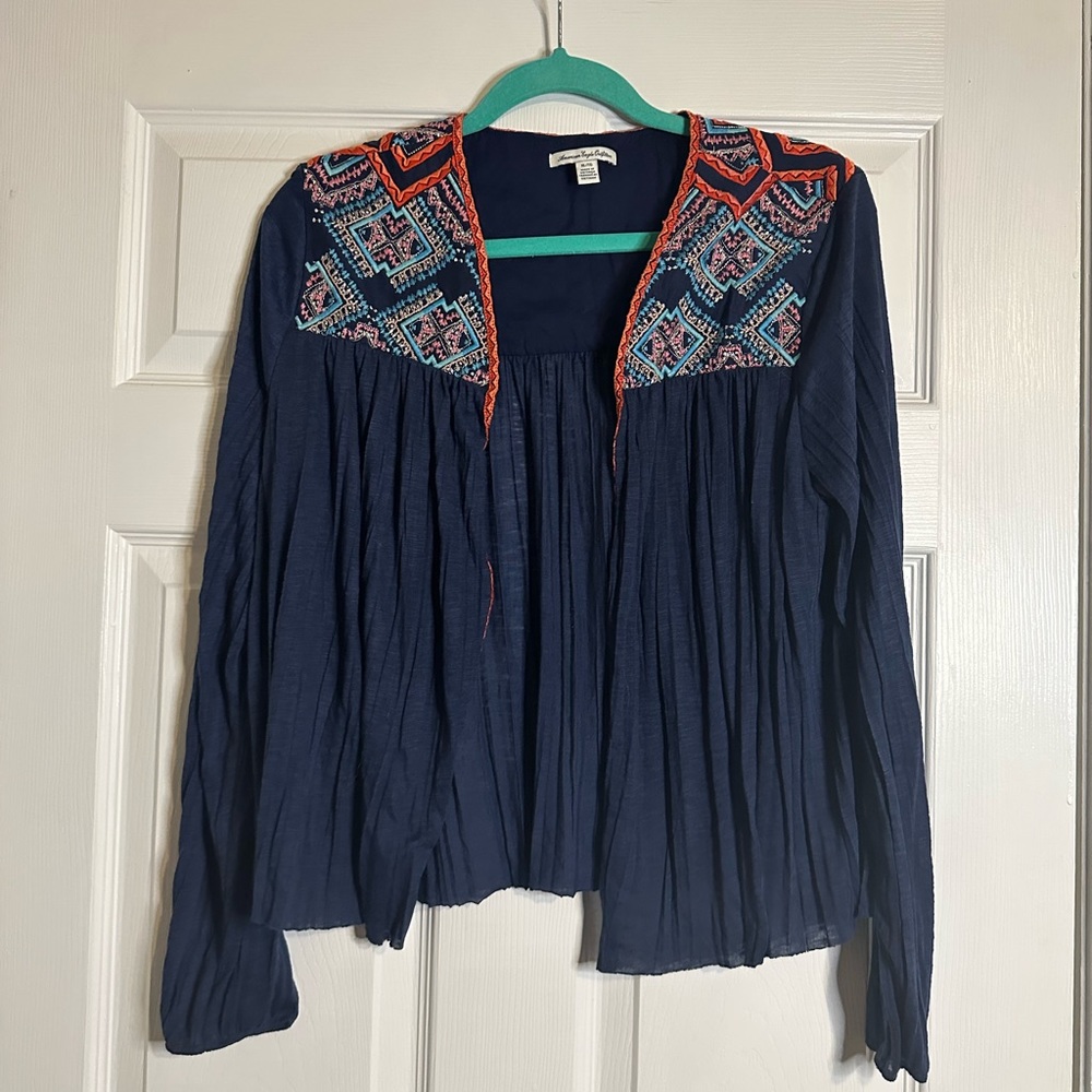 American Eagle Blue Multi Long Sleeve Embroidered Boho Open Cardigan Sz XL